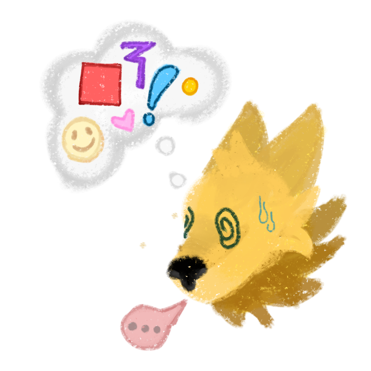  a stylized yellow wolf-like character with spiral eyes. The character has sweat marks on its face. In a thought bubble above its head, there are various symbols: a red square, a purple squiggle a blue exclamation mark, a yellow dot, a smiley face, and a pink heart. There's also a small pink speech bubble near the character’s mouth with ellipses. 